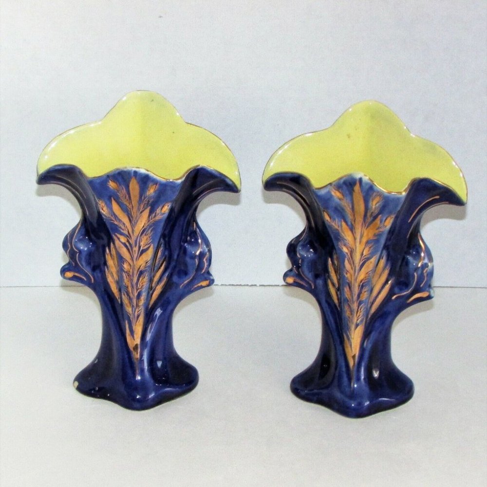 2 Antique Vases Jack-In-The Pulpit Ceramic Hand Painted Cobalt Blue Gold Vintage